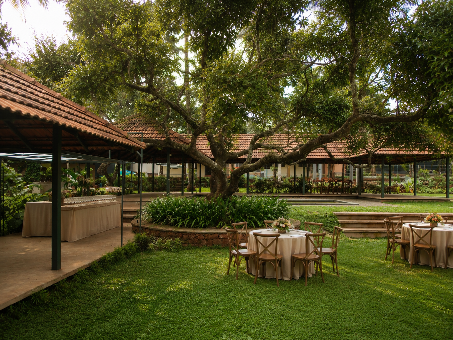 A sweeping, wide-angle shot of a lush, tropical landscape